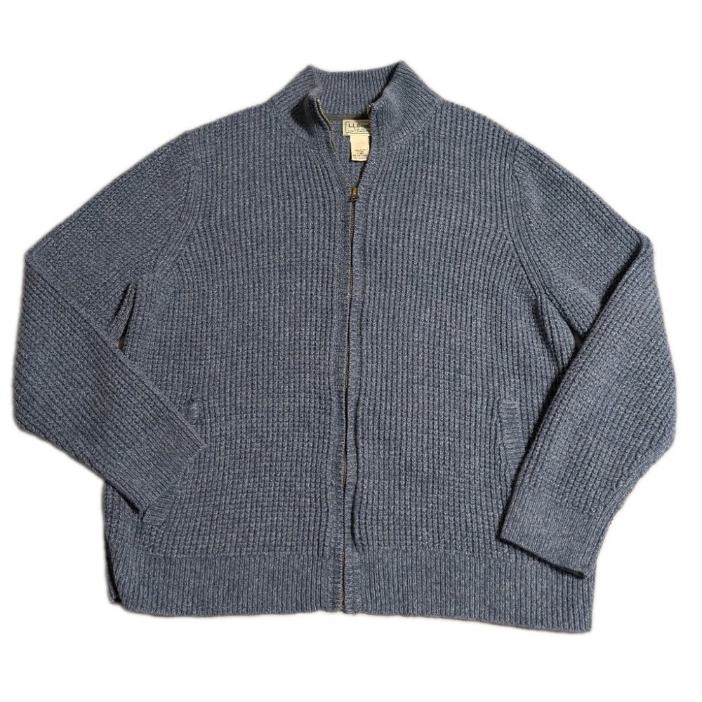 L.L.Bean Sweater Mens Large Blue Organic Cotton Full Zip Waffle Knit Cardigan